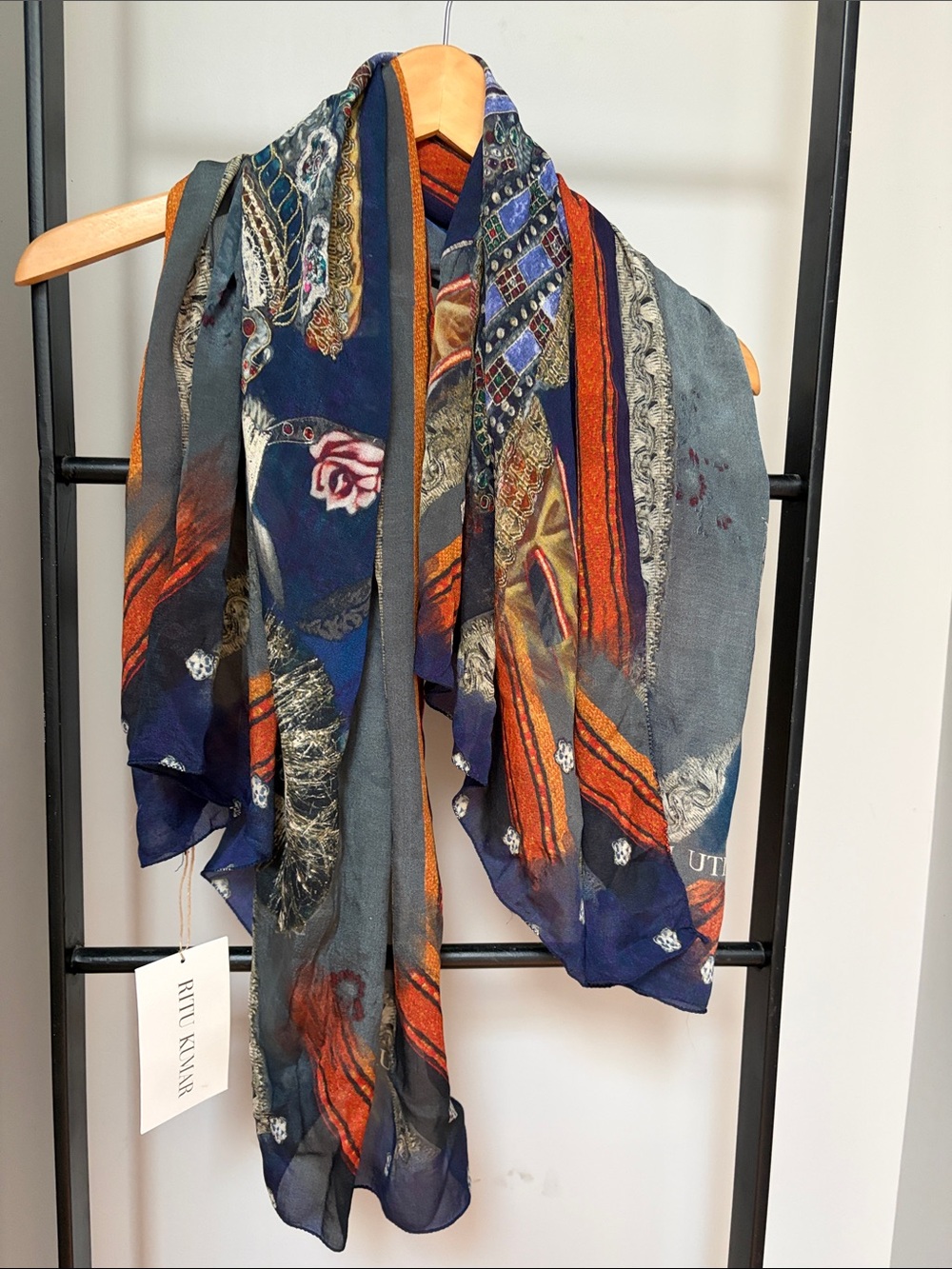 Ritu Kumar designer Navy and Orange Printed Silk Scarf nwt